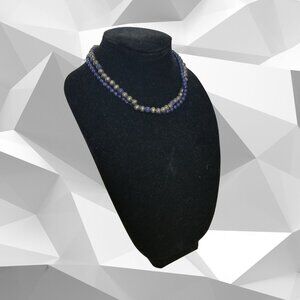 Two-Layer Beaded Necklace - Metal & Lapis Lazuli Look